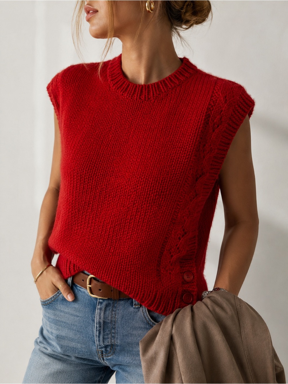 Vintage Handmade Red Knit Crew Neck Open Side Sweater Vest ESTIMATED SZ Small